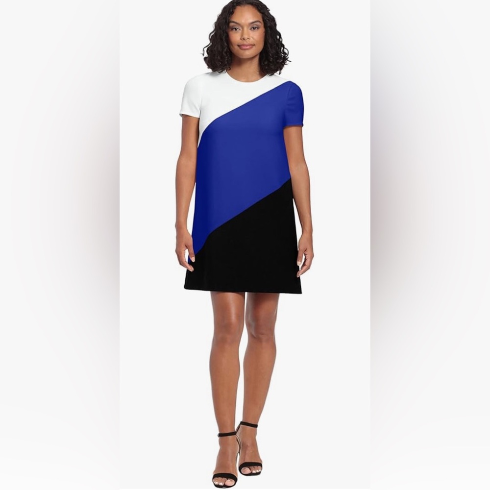 London Times Womens A-line Color Block Dress Office Work Black/Cobalt Blue/White